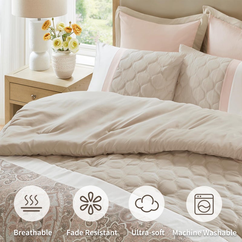 510 DESIGN Luxe Quilted Comforter Set Modern Transitional Design, All Season Down Alternative Warm Bedding Matching Shams, Bedskirt, Decorative Pillow, King, Shawnee Scrollwork Blush - Image 3